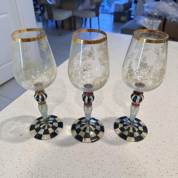 MacKenzie-Childs Other - MacKenzie Childs Blooming Wine Glasses Goblet Courtly Check Set Of 3 Designer